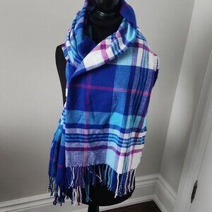 J.CREW | Plaid Classic Fringe Shawl Scarf Wrap Tartan Blue